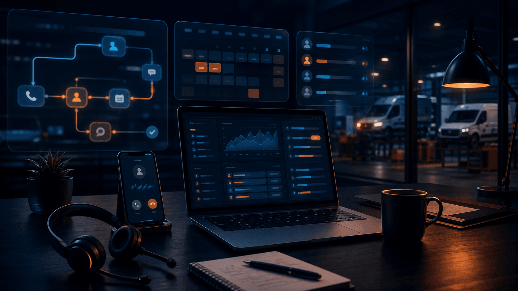 AI-assisted call management workspace with service workflow dashboards