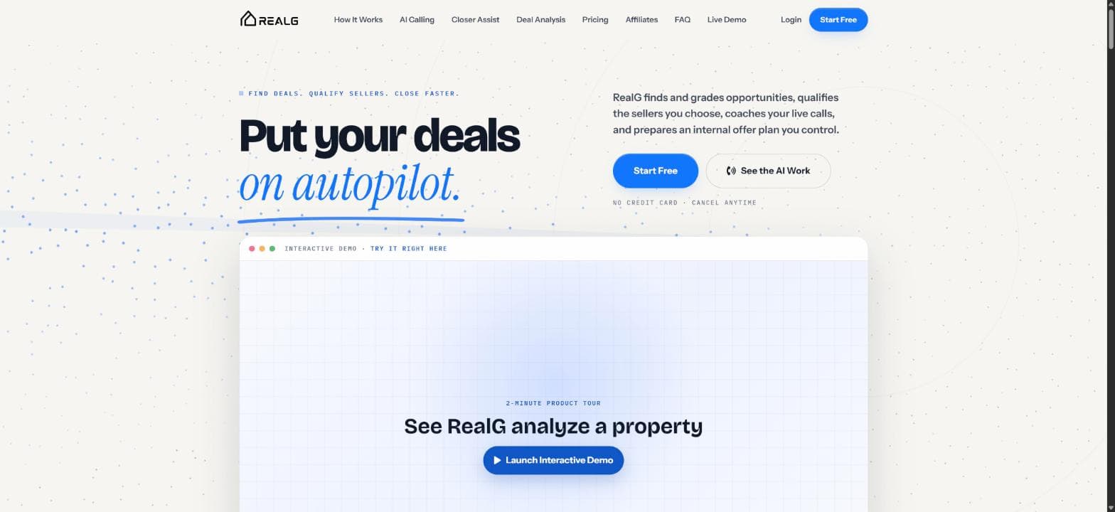 RealG homepage showing the AI acquisition workspace for real estate investors