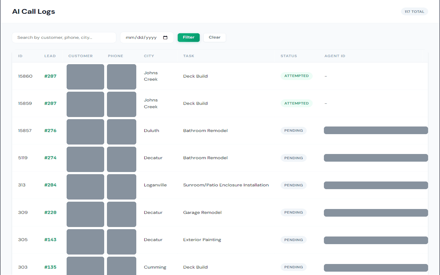 Contractor Command AI call logs showing attempted and pending outreach