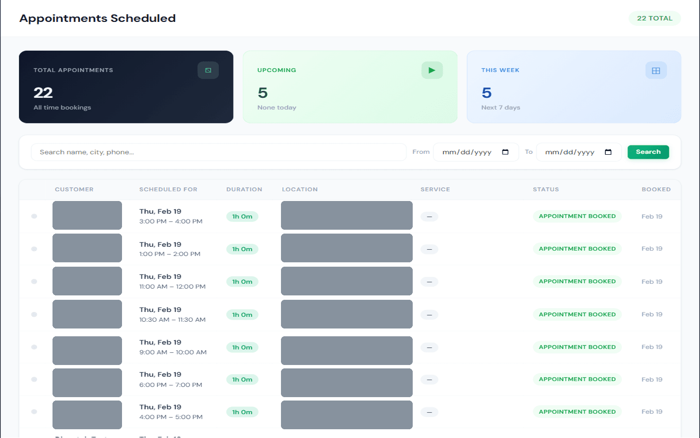 Contractor Command appointment management dashboard with booked appointments