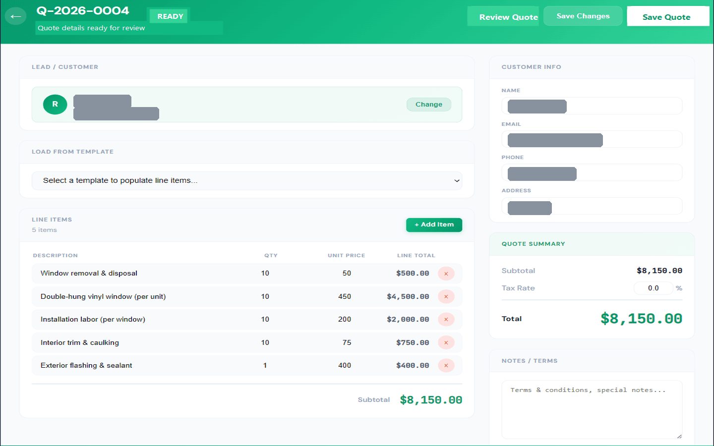 Contractor Command quote builder with line items, totals, and quote summary