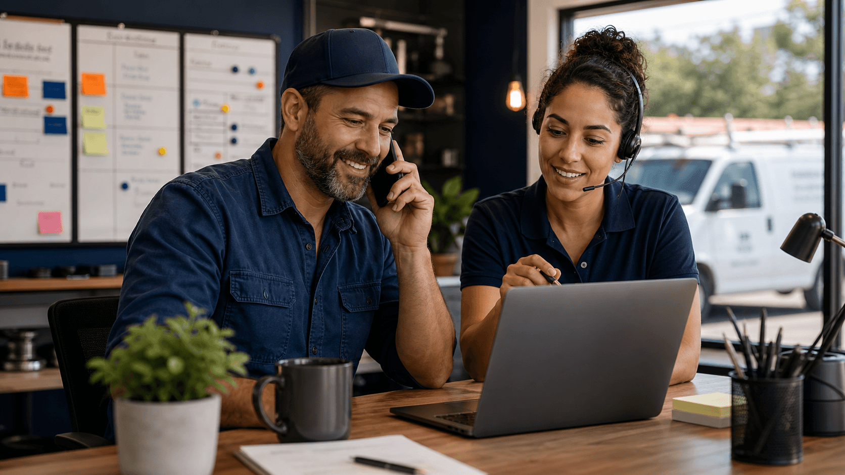 Service business owner and operations specialist handling calls and follow-up